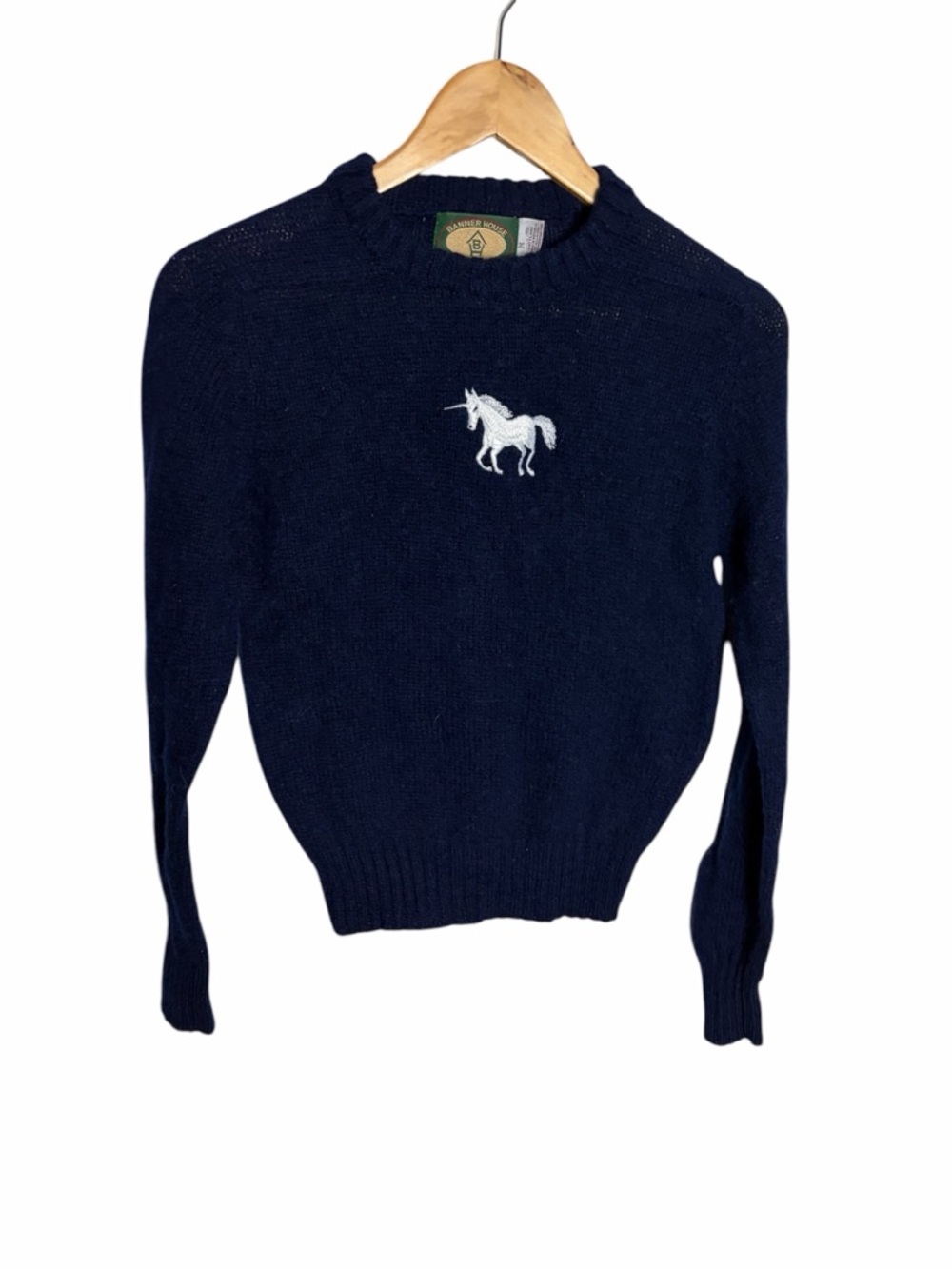 Vintage 90s/Y2K Banner house Shetland wool unicorn embroidered blue sweater M